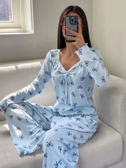Women's Bow Print Long-Sleeve Lounge Pajama Set