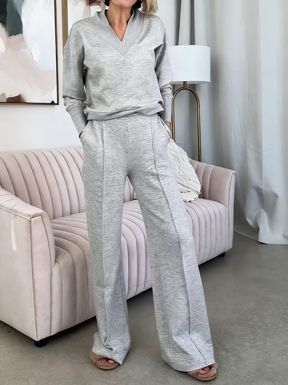 Solid Color Casual Large V-Neck Top & Pants Set