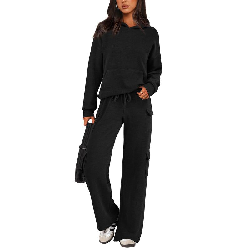 Women's Navy Blue Knitted Sets Hoodie & Wide Leg Pants with Pockets Drawstring Long Sleeve Loungewear Tracksuits Basic Fitted Clothes