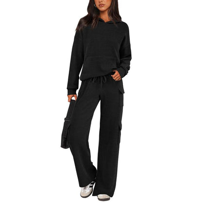 Women's Navy Blue Knitted Sets Hoodie & Wide Leg Pants with Pockets Drawstring Long Sleeve Loungewear Tracksuits Basic Fitted Clothes