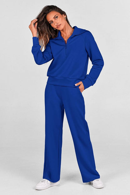 Women's Outfits Casual Lapel Half Zip Sweatshirts And Wide Leg Pants Tracksuit Sets
