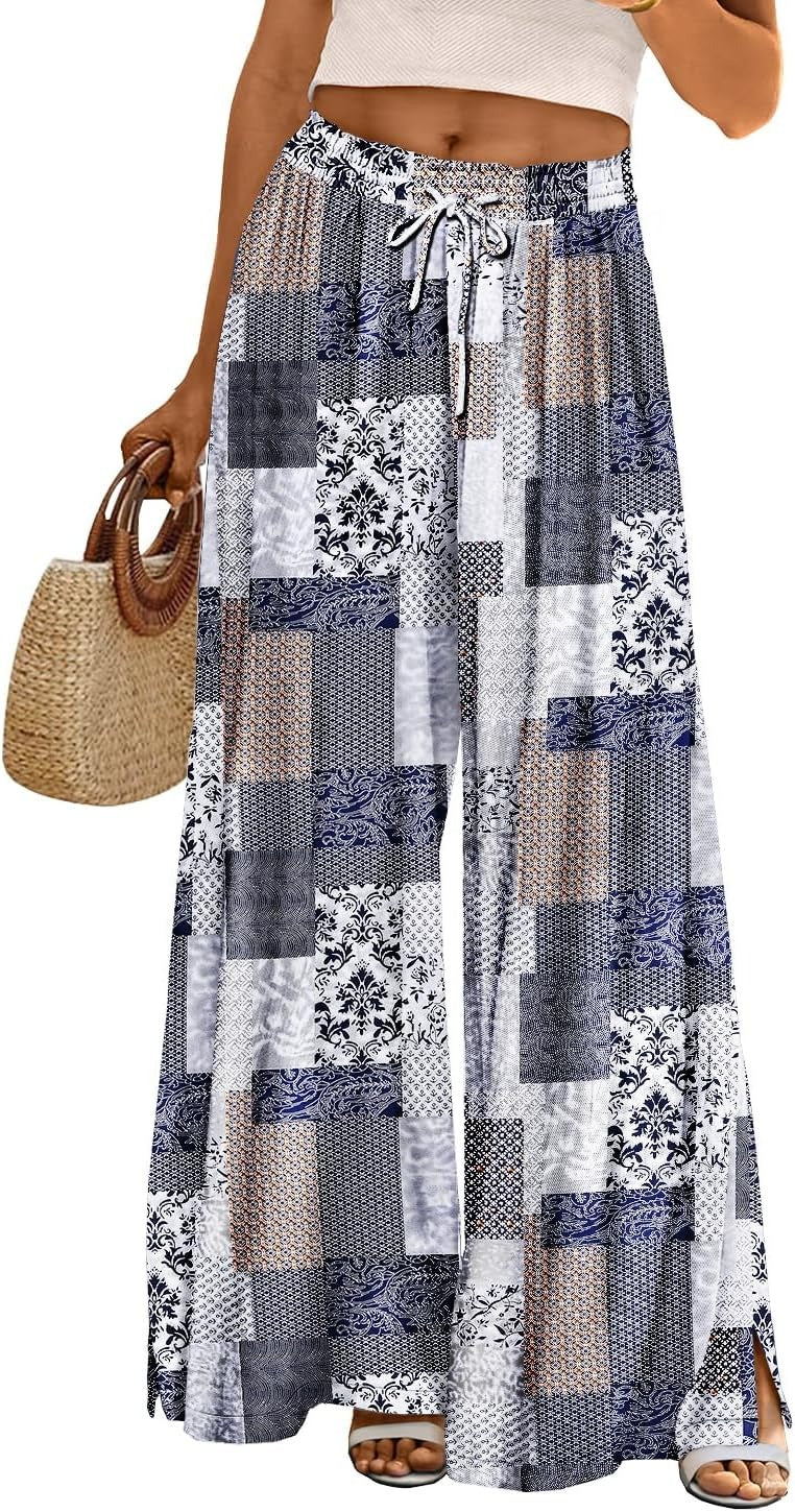 Women Summer Flowy Wide Leg Pants Drawstring Elastic Waist Casual Lounge Beach Palazzo Trouser with Pockets