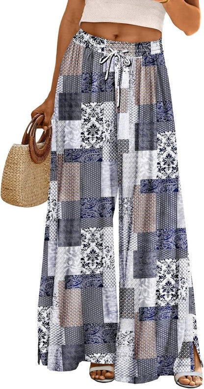Women Summer Flowy Wide Leg Pants Drawstring Elastic Waist Casual Lounge Beach Palazzo Trouser with Pockets