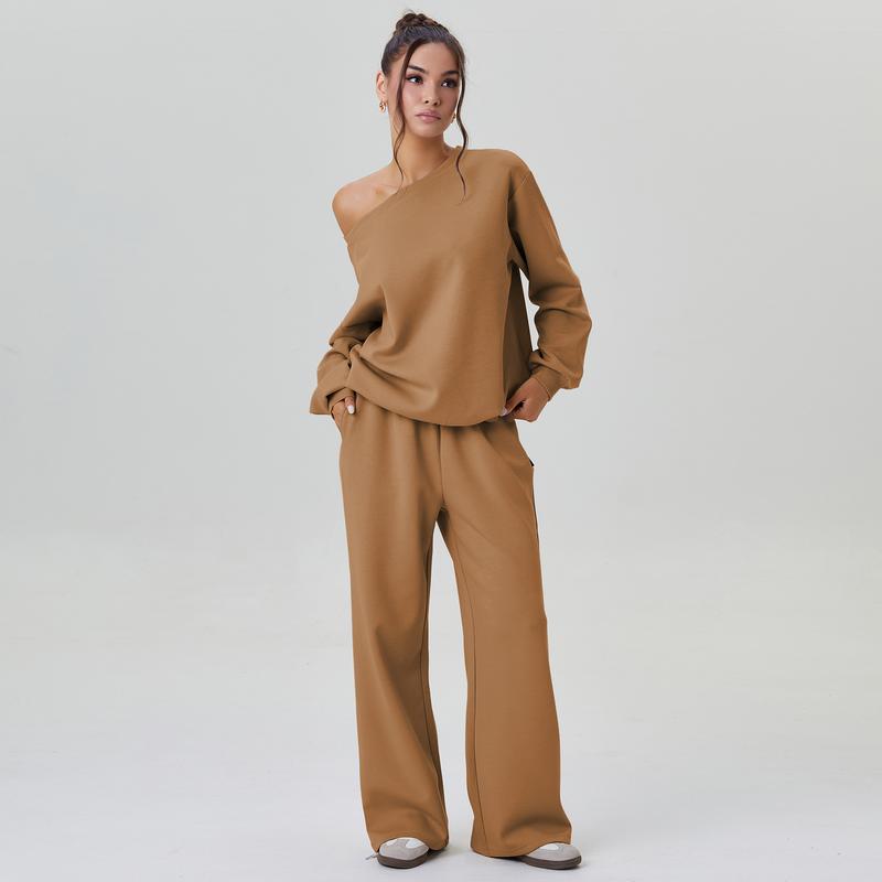 💘 Valentine’s Day Sale 💘Women's casual solid-color scoop-neck long-sleeved top and wide-leg pants set, comfortable curved-neck loose two-piece clothing set