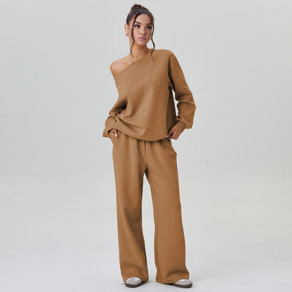 💘 Valentine’s Day Sale 💘Women's casual solid-color scoop-neck long-sleeved top and wide-leg pants set, comfortable curved-neck loose two-piece clothing set