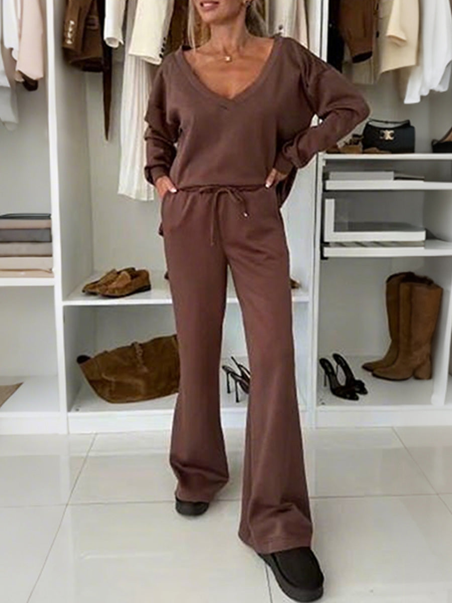 Autumn And Winter Solid Color Knitted V-Neck Top & Pants Set