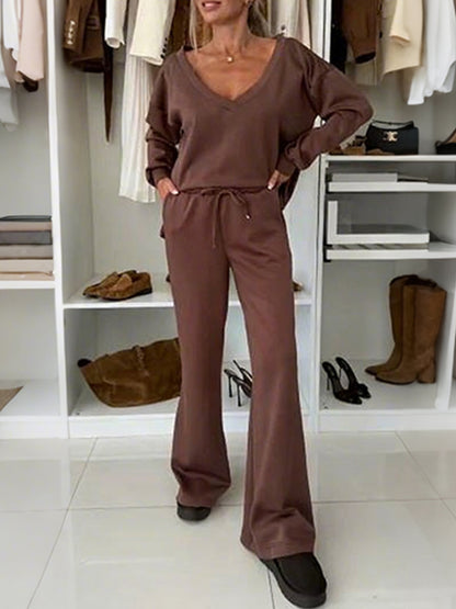 Autumn And Winter Solid Color Knitted V-Neck Top & Pants Set