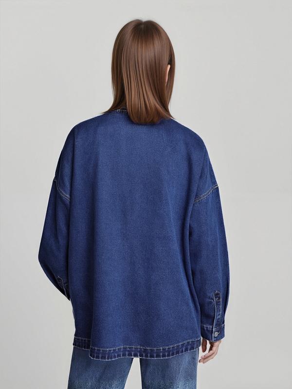 Women's Plain Button Front Drop Shoulder Curved Hem Denim Jacket