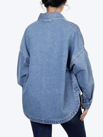 Women's Plain Button Front Drop Shoulder Curved Hem Denim Jacket