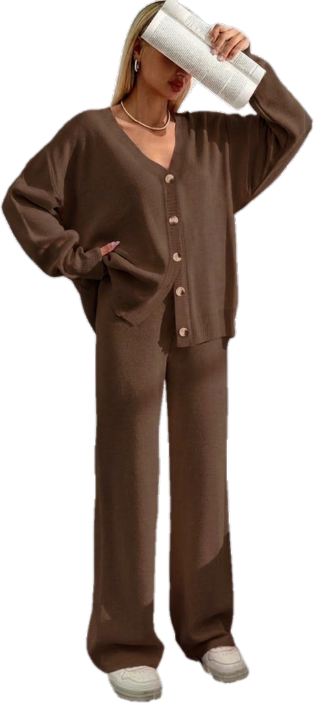 ⏰Final 2-Hour Clearance⚡ Women’s Button Front V-Neck Cardigan & Elastic Waist Wide-Leg Pants Set – Casual Cozy Knit Two-Piece Outfit for Fall & Winter
