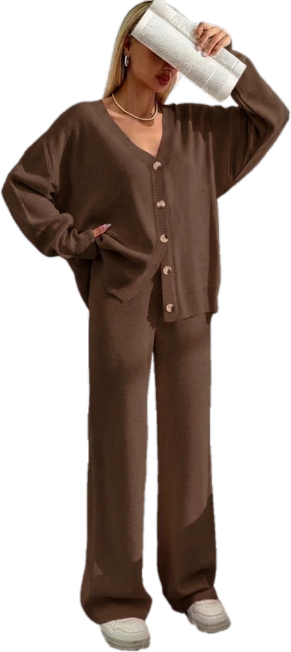 ⏰Final 2-Hour Clearance⚡ Women’s Button Front V-Neck Cardigan & Elastic Waist Wide-Leg Pants Set – Casual Cozy Knit Two-Piece Outfit for Fall & Winter