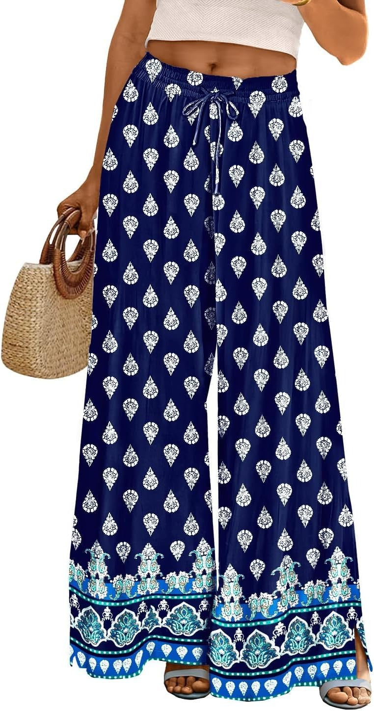 Women Summer Flowy Wide Leg Pants Drawstring Elastic Waist Casual Lounge Beach Palazzo Trouser with Pockets