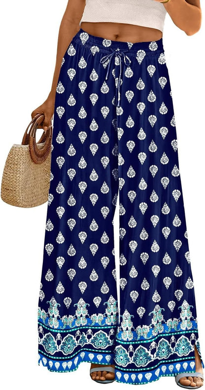 Women Summer Flowy Wide Leg Pants Drawstring Elastic Waist Casual Lounge Beach Palazzo Trouser with Pockets