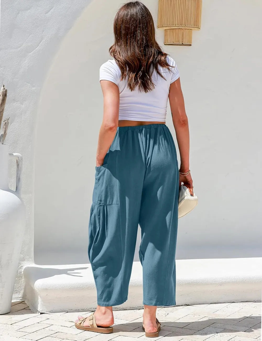 Women's Linen Wide Leg Pants Casual Loose Drawstring Low Waist with Pockets
