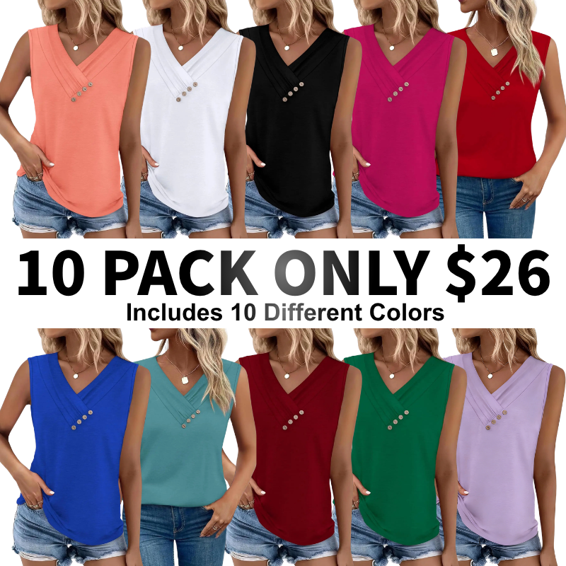 Last day discount🔥🔥Women Summer Button Down V Neck T Shirts Sleeveless Loose Fit Fashion Tops