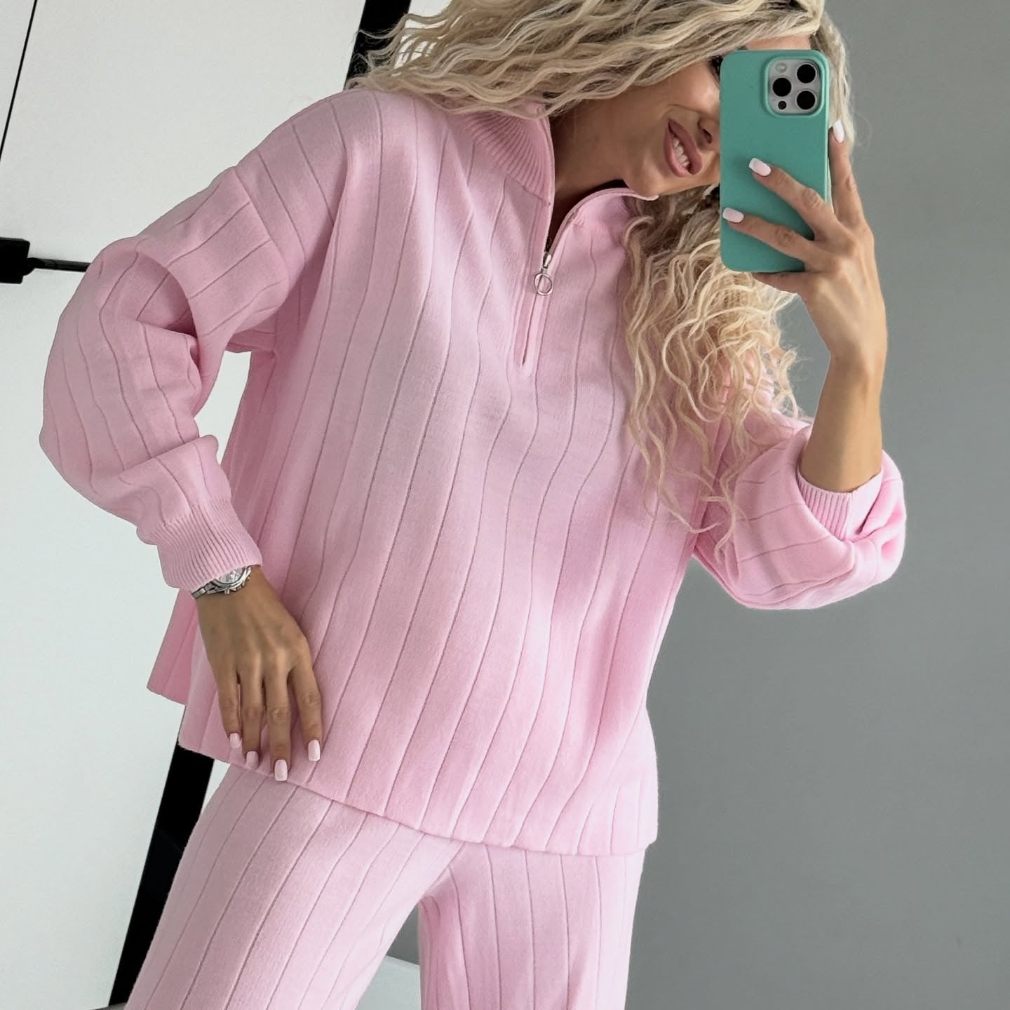 Women Stand Collar Half Zip Top & Pants Casual Set