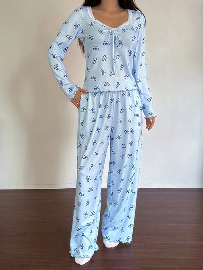 Women's Bow Print Long-Sleeve Lounge Pajama Set