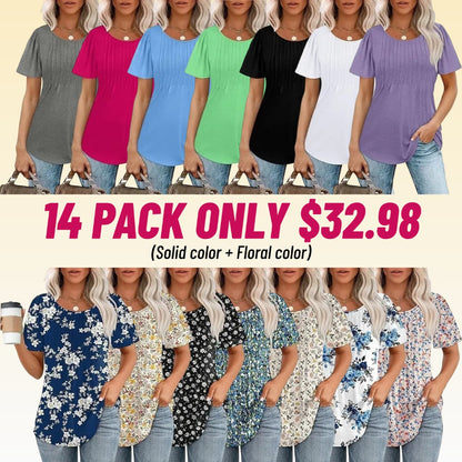 Women's T Shirts Short Sleeve Pleated Dressy Casual Scooped Neck Summer Tops Blouses