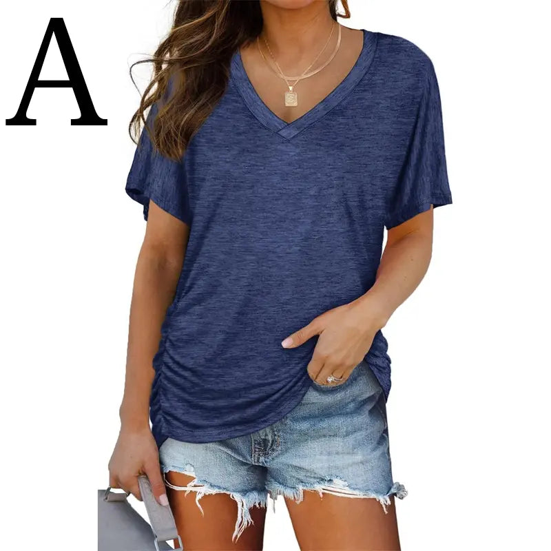Last day discount🔥🔥Womens Short Sleeve V Neck Dolman Tops with Side Shirring