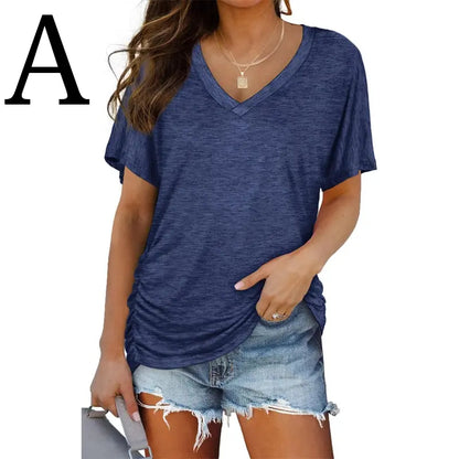 Last day discount🔥🔥Womens Short Sleeve V Neck Dolman Tops with Side Shirring
