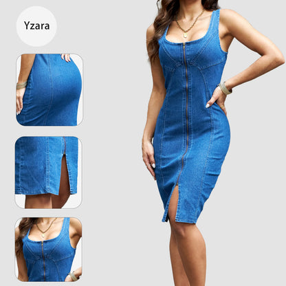 Women's Summer Lightweight Denim Zipper Front Bodycon Dress