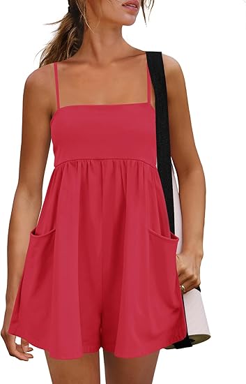 Women's Summer Strappy Romper Square Casual Oversized Workout Athletic Romper Neck Backless