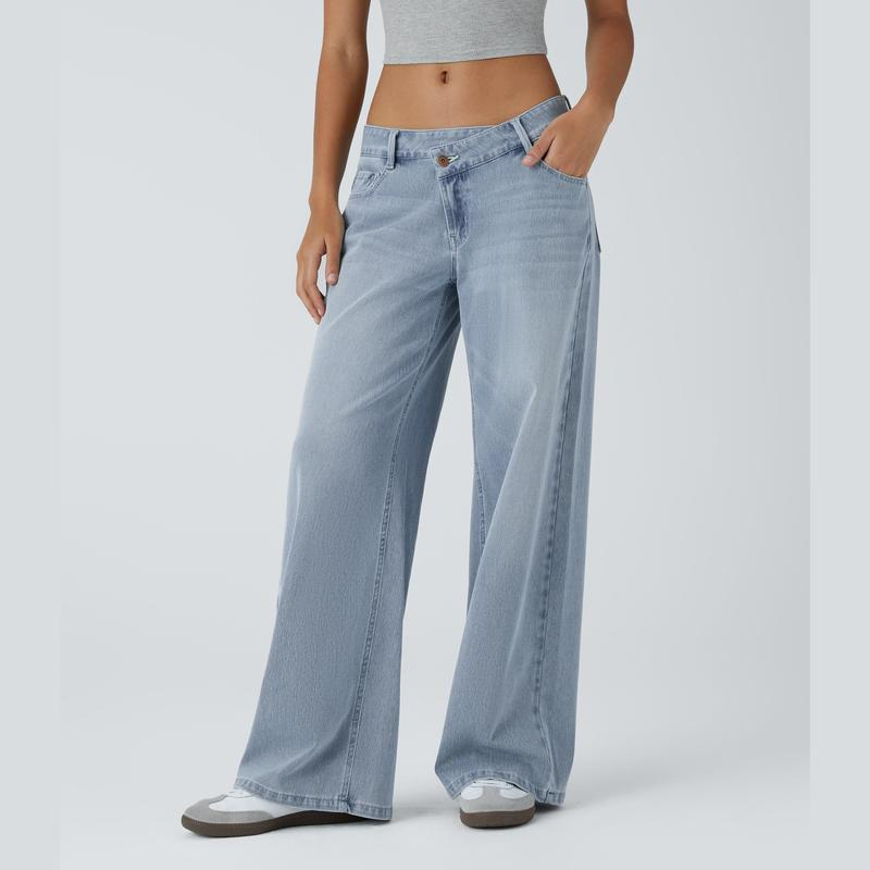 💘 Valentine’s Day Sale 💘 Flex Low-Rise Asymmetric Baggy Wide-Leg Washed Jeans with Zipper Pockets