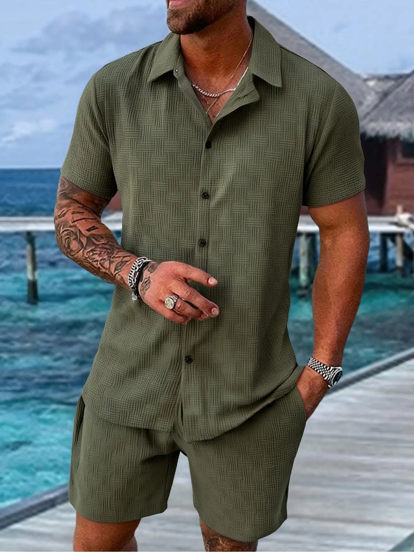 Men's Summer Beach Short Sleeve Two-piece Set