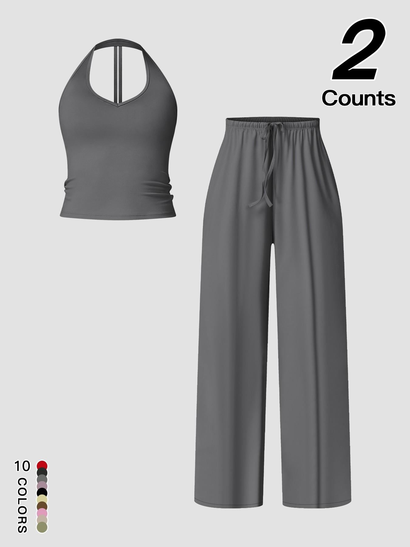 Women's Quick-Dry Sports Tank Top, Casual High-Waisted Bell Bottoms Two Piece Set
