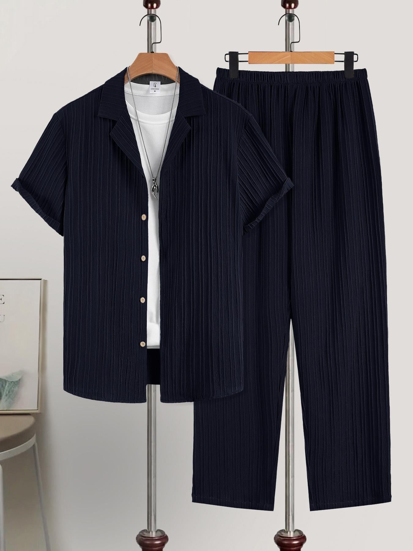 Men's Plain Textured Two-piece Set