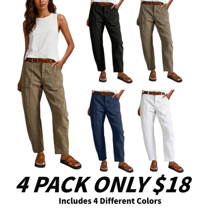 Solid Stitch Detail Mid Waist Baby Barrel Fit Deep Pockets Pants