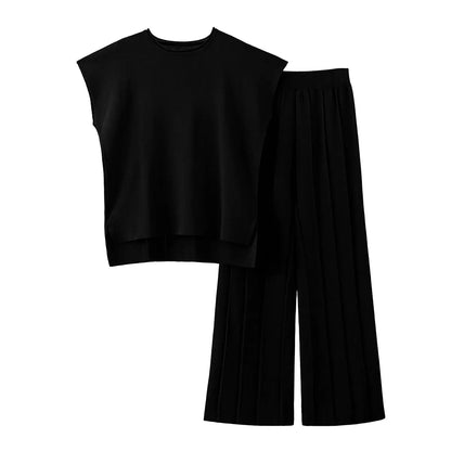 Women Two Piece Outfits Knit Cap Sleeve Tops Wide Leg Pleated Pants