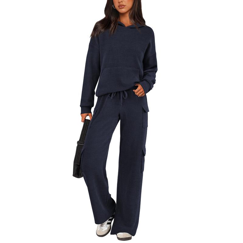 Women's Navy Blue Knitted Sets Hoodie & Wide Leg Pants with Pockets Drawstring Long Sleeve Loungewear Tracksuits Basic Fitted Clothes