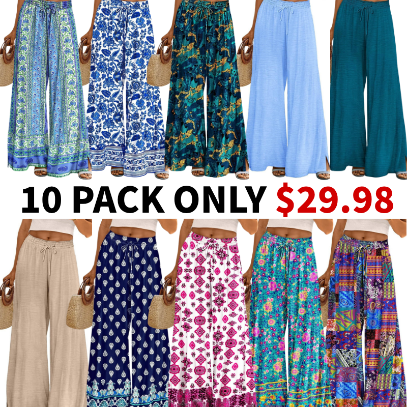 Women Summer Flowy Wide Leg Pants Drawstring Elastic Waist Casual Lounge Beach Palazzo Trouser with Pockets