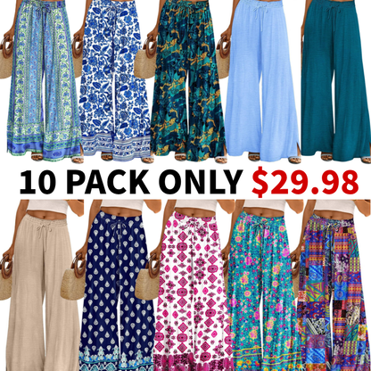 Women Summer Flowy Wide Leg Pants Drawstring Elastic Waist Casual Lounge Beach Palazzo Trouser with Pockets
