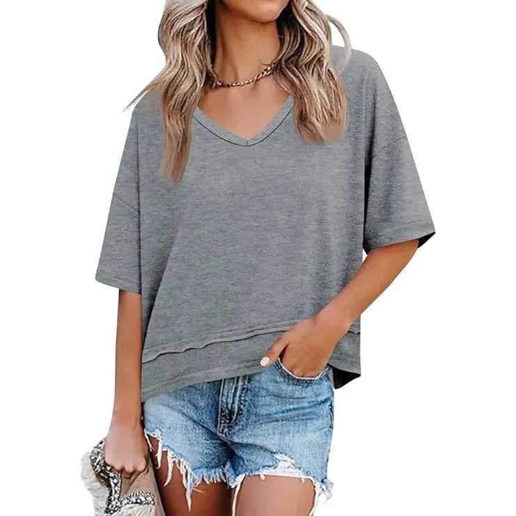 Womens Short Sleeve Shirts Summer V Neck Casual Top