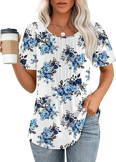 Women's T Shirts Short Sleeve Pleated Dressy Casual Scooped Neck Summer Tops Blouses