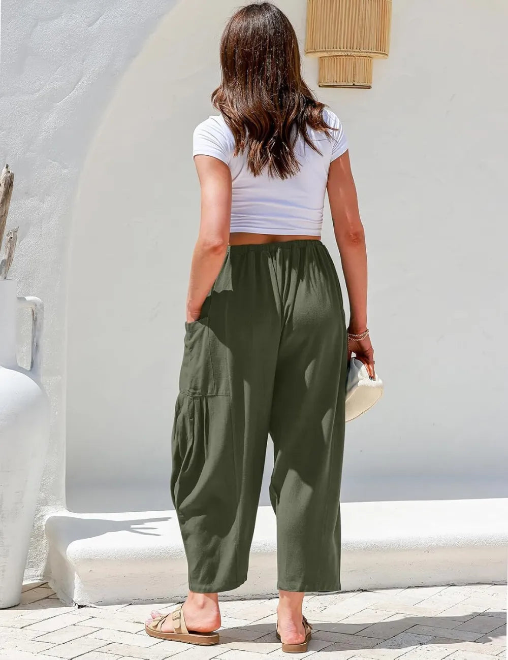 Women's Linen Wide Leg Pants Casual Loose Drawstring Low Waist with Pockets