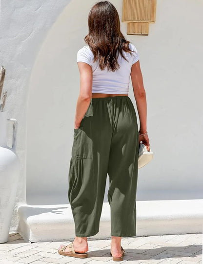 Women's Linen Wide Leg Pants Casual Loose Drawstring Low Waist with Pockets