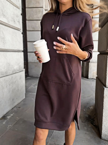 Solid Color Knitted Sweatshirt Hoodie Shift Dress