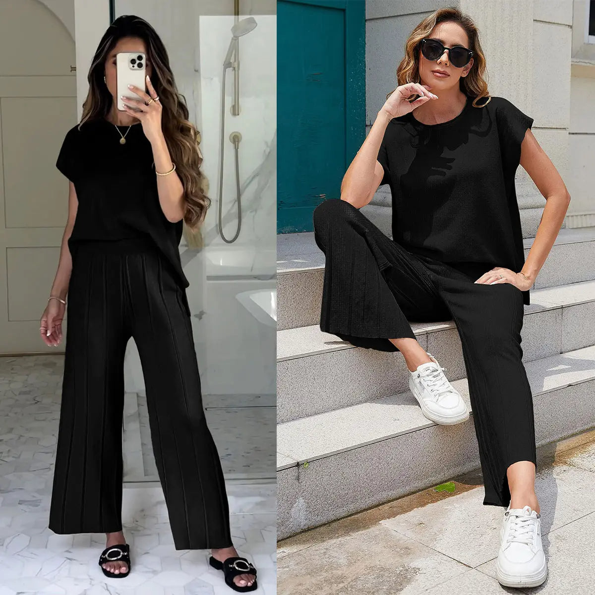 Women Two Piece Outfits Knit Cap Sleeve Tops Wide Leg Pleated Pants