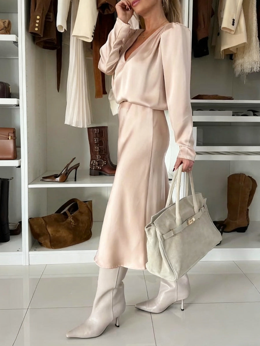 Silky Satin Long-Sleeved V-Neck And Skirt Suit