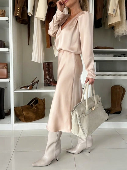 Silky Satin Long-Sleeved V-Neck And Skirt Suit