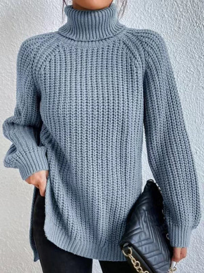💥Last day only $37.99📢 Long Sleeves Loose Solid Color Split-Side High Neck Pullovers Sweater Tops