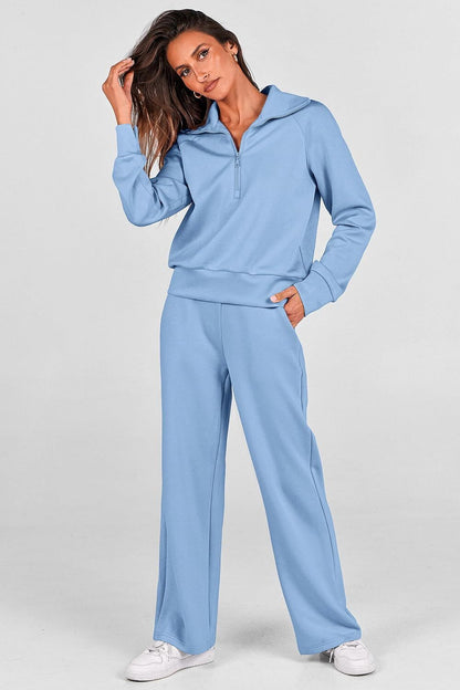 Women's Outfits Casual Lapel Half Zip Sweatshirts And Wide Leg Pants Tracksuit Sets