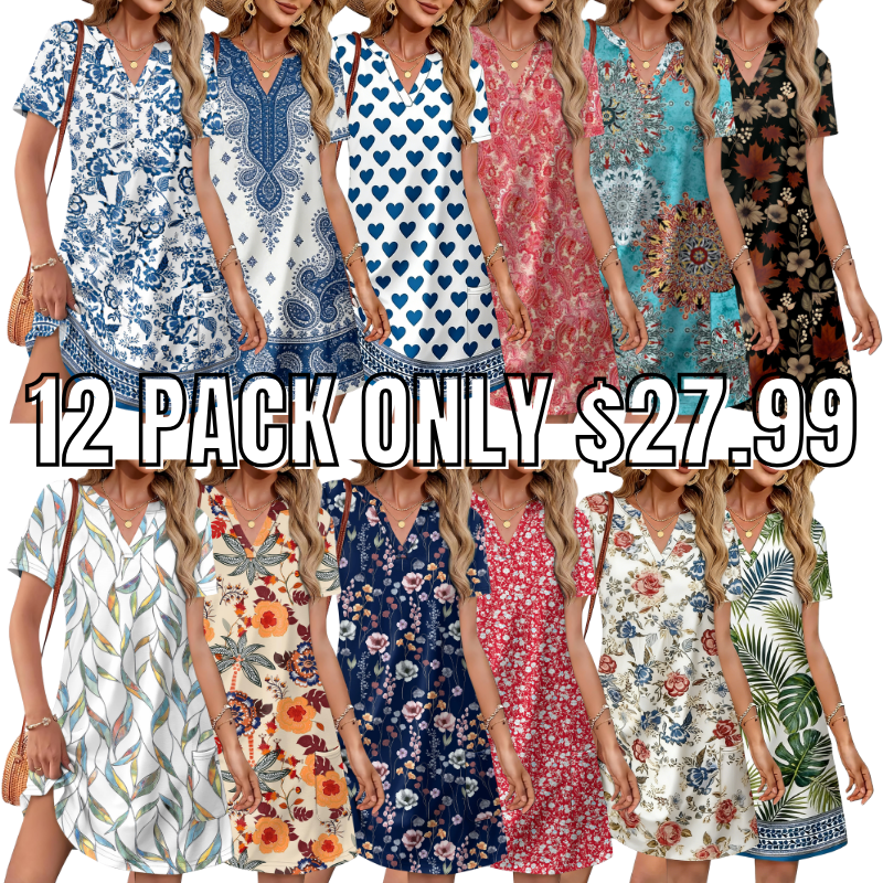 Women Casual V Neck Hawaiian Midi Dress