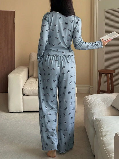 Women's Bow Print Long-Sleeve Lounge Pajama Set