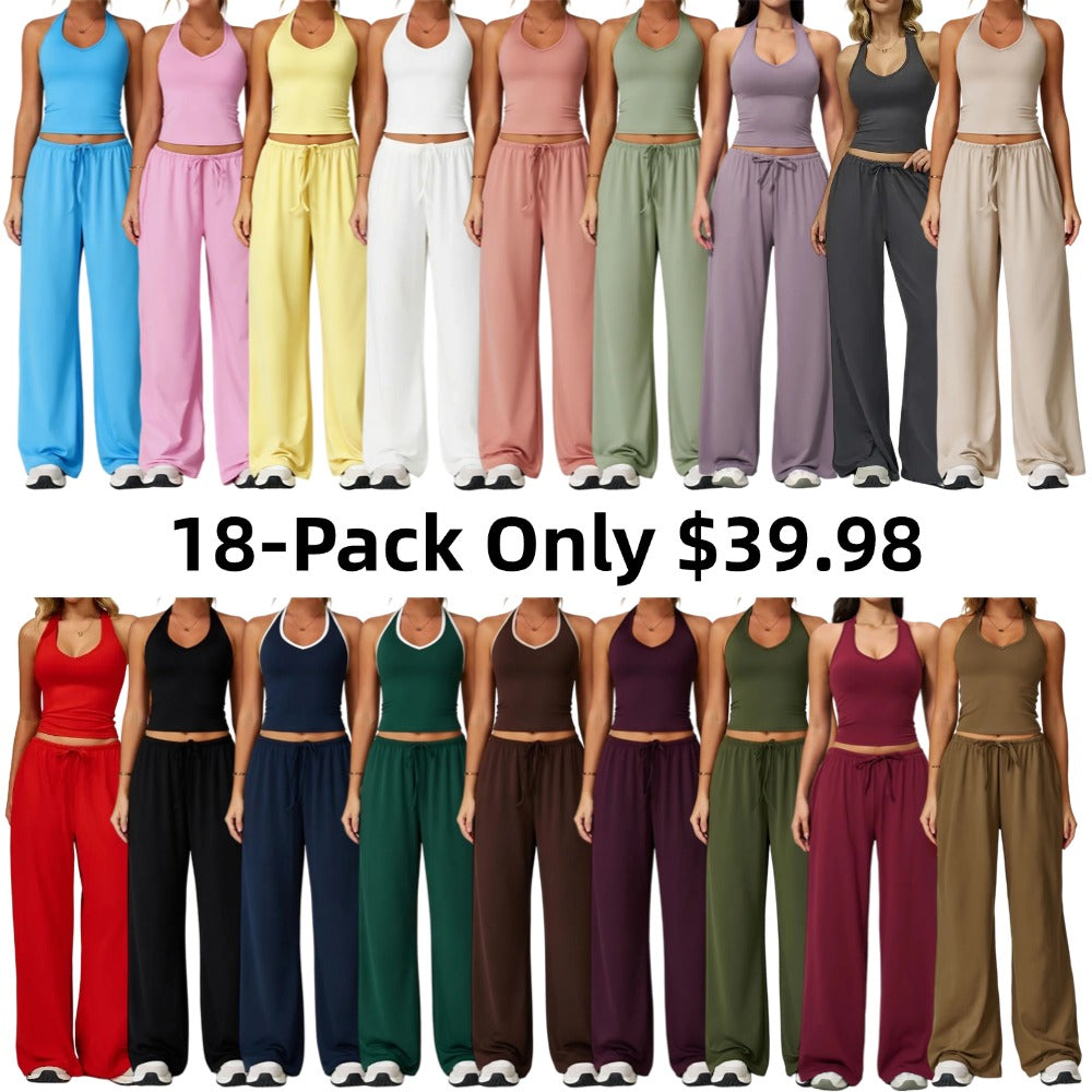 Women's Quick-Drying Athleisure Outfits - Adjustable V-Neck Strappy Top & Wide Leg Pants
