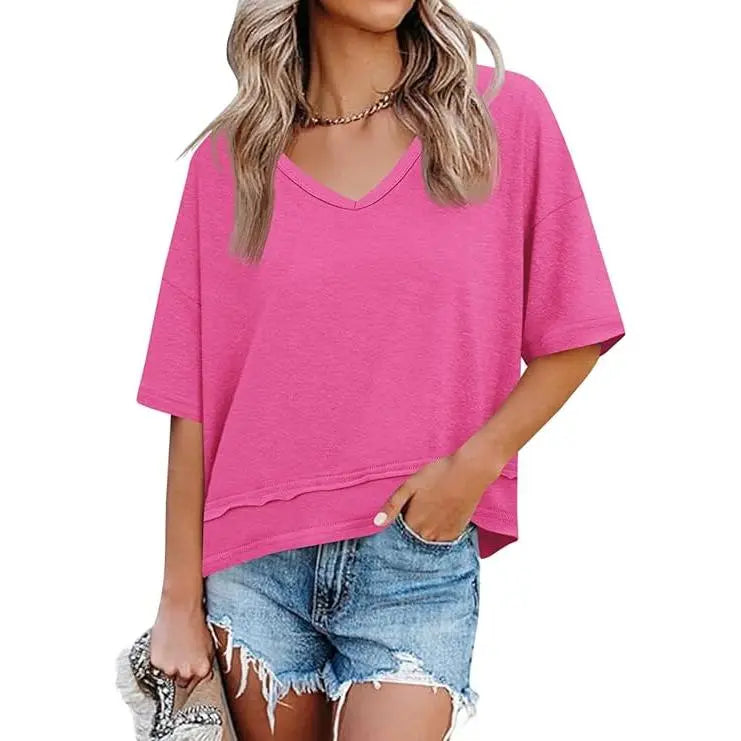Womens Short Sleeve Shirts Summer V Neck Casual Top