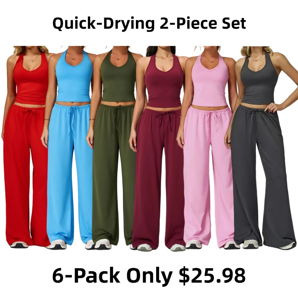Women's Quick-Drying Athleisure Outfits - Adjustable V-Neck Strappy Top & Wide Leg Pants